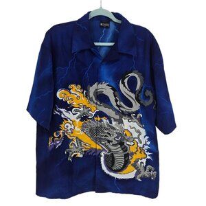Extreme Limit mens size Large Blue lightening dragon printed button up 90s shirt